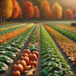 DALL·E 2024 11 25 10.24.06 A realistic 16 9 image of an autumn agricultural field, featuring rows of crops like pumpkins, squash, and turnips. The field is surrounded by trees w