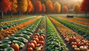 DALL·E 2024 11 25 10.24.06 A realistic 16 9 image of an autumn agricultural field, featuring rows of crops like pumpkins, squash, and turnips. The field is surrounded by trees w