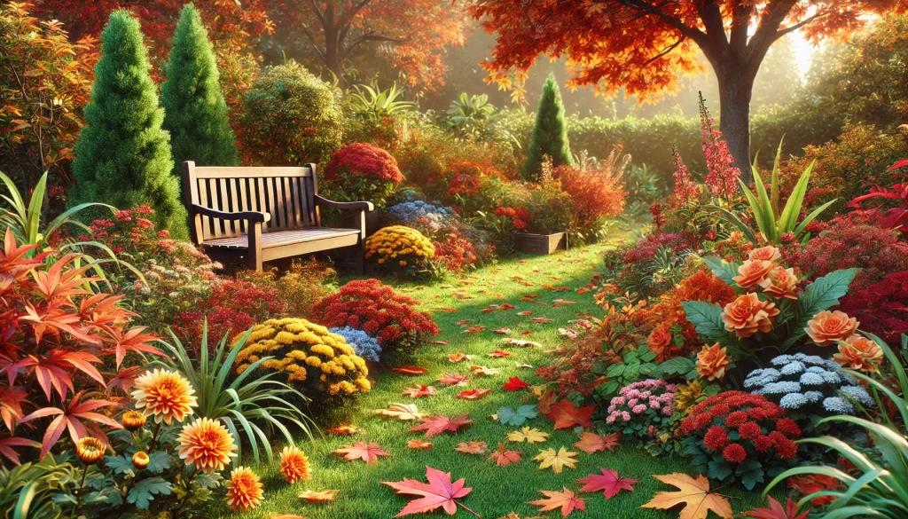 DALL·E 2024 11 25 10.24.10 A realistic 16 9 image of an autumn garden, featuring a mix of colorful fallen leaves in shades of orange, yellow, and red scattered on a green lawn.