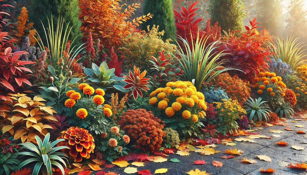 DALL·E 2024 11 25 10.24.13 A realistic 16 9 image of autumn plants thriving in a garden, showcasing vibrant seasonal flowers like marigolds and chrysanthemums alongside shrubs w