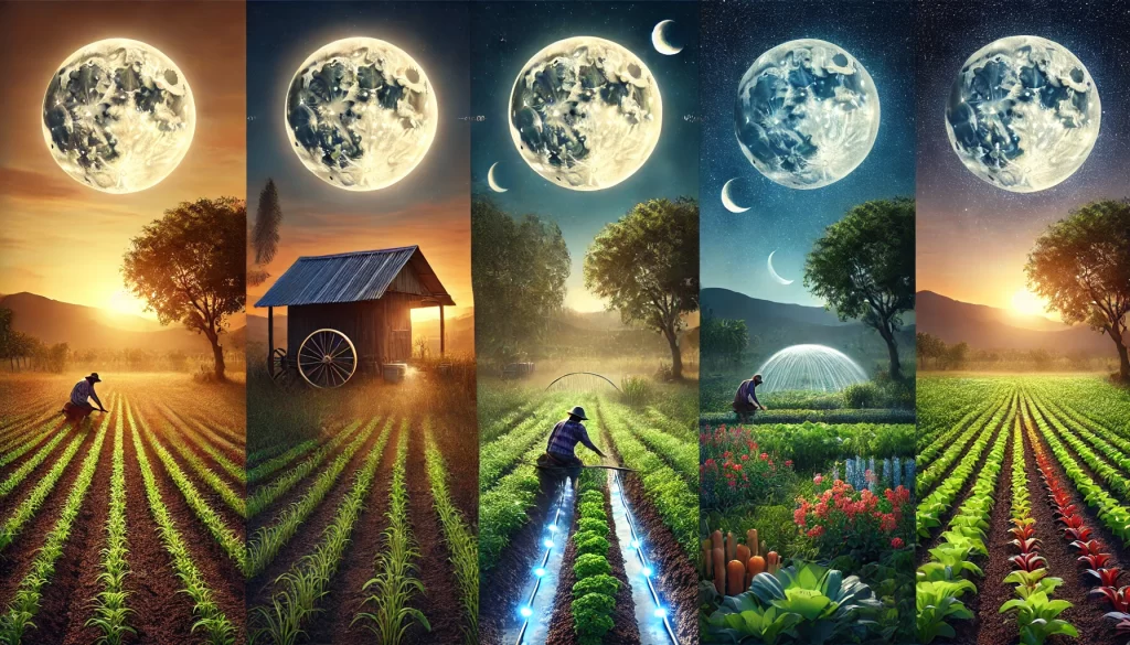 DALL·E 2024 11 26 11.19.12 A realistic agricultural scene emphasizing the influence of the moon. The first image shows a traditional farmer planting seeds in a field under a bri