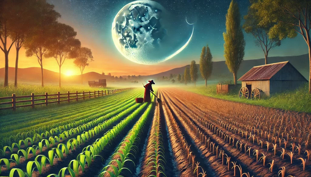 DALL·E 2024 11 26 11.19.44 A realistic depiction of a farmer sowing seeds in a vibrant field at dawn with a visible crescent moon above. The landscape includes rows of crops, a