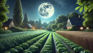 DALL·E 2024 11 26 11.19.57 A highly realistic night time rural agricultural scene showing a lush field of crops illuminated by soft moonlight. A bright full moon is high in the