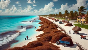 DALL·E 2024 11 27 12.43.30 A highly realistic depiction of a beach in Cancún covered with brown seaweed (sargassum) along the shoreline. The turquoise waters of the Caribbean co