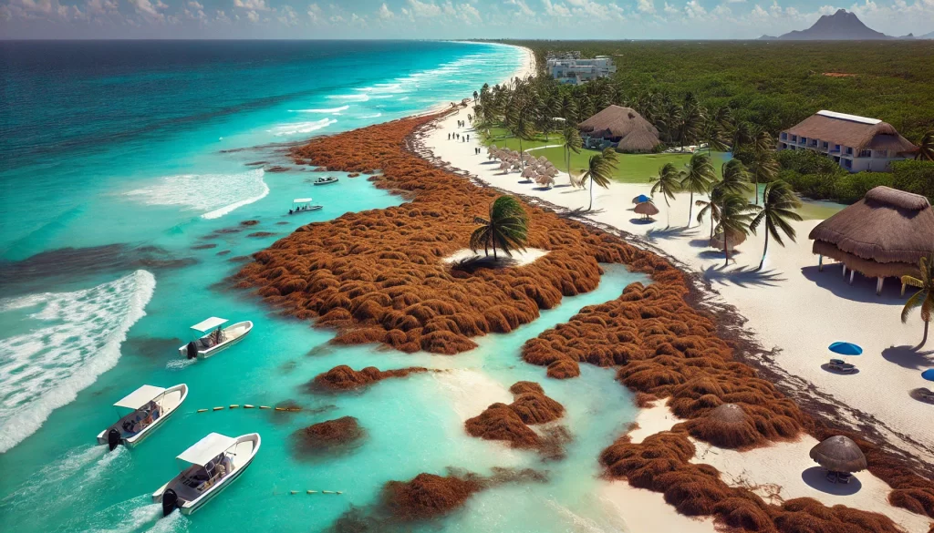 DALL·E 2024 11 27 12.43.51 A realistic image of a Cancún beach heavily impacted by sargassum (brown seaweed), with large piles of algae spread across the white sand. The turquoi