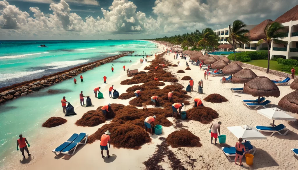 DALL·E 2024 11 27 12.43.58 A highly realistic image of workers on a Cancún beach cleaning up large amounts of sargassum seaweed. The white sandy beach is partially covered with