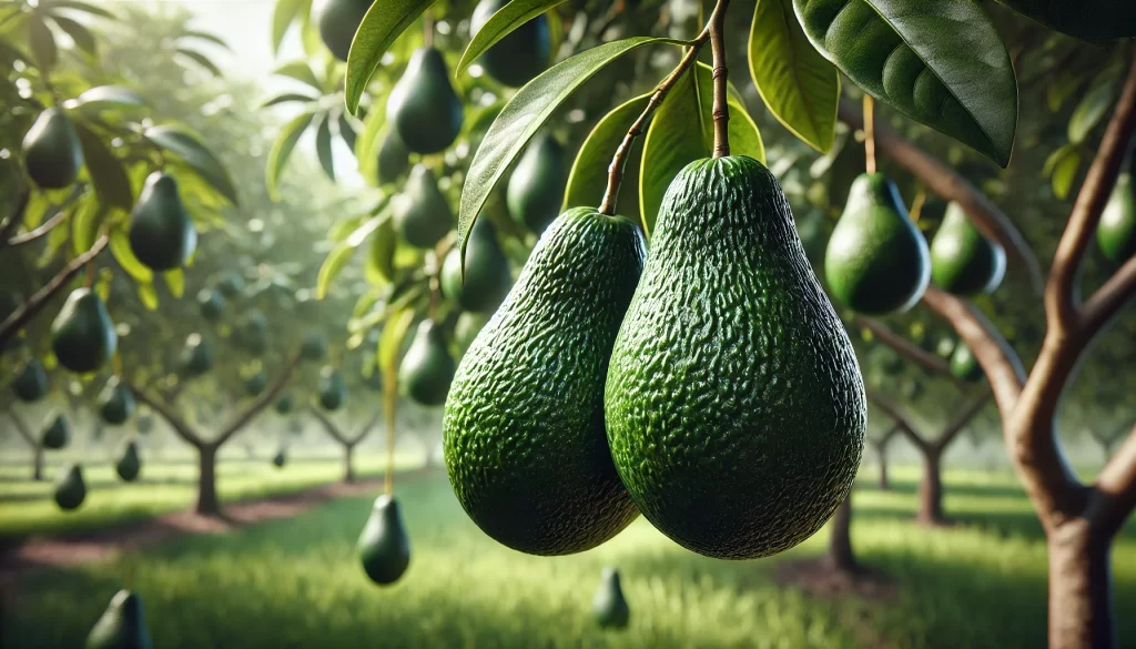 DALL·E 2025 01 07 17.57.45 A highly realistic image of an avocado tree in a lush green field during daytime. The focus is on ripe avocados hanging from the branches, with a clos