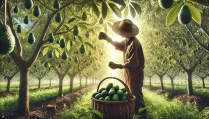 DALL·E 2025 01 07 17.58.15 A highly realistic image of a farmer harvesting avocados in a lush green avocado orchard during daytime. The farmer, wearing a wide brimmed hat and pr