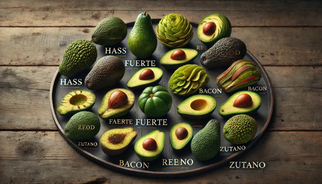 DALL·E 2025 01 07 17.59.18 A highly realistic image showcasing different varieties of avocados arranged on a rustic wooden table. Each variety is labeled, including Hass, Fuerte