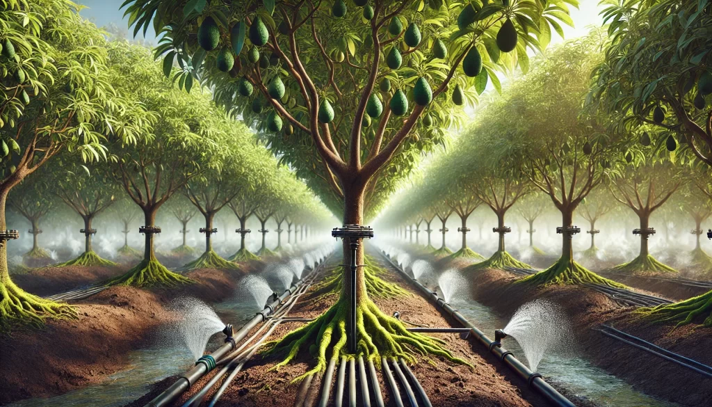 DALL·E 2025 01 07 18.00.17 A highly realistic image of an irrigation system in an avocado orchard during daytime. The scene shows rows of healthy avocado trees with green foliag