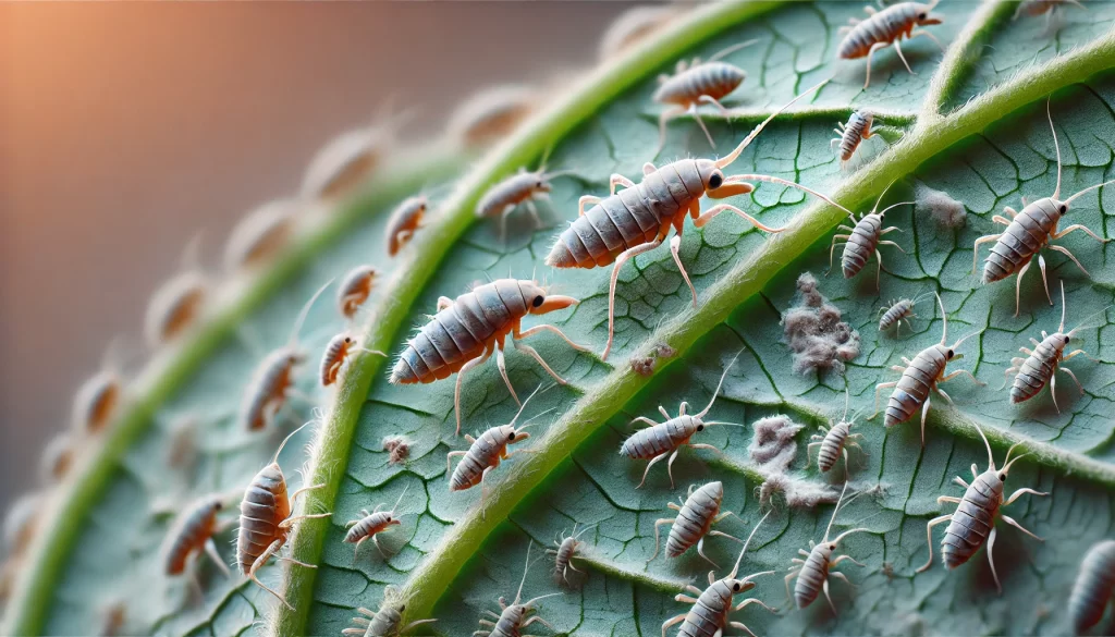 DALL·E 2025 01 07 18.01.00 A highly realistic close up image of avocado thrips on a leaf. The tiny, slender insects are shown in detail, with their elongated bodies and delicate