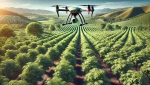 DALL·E 2025 01 07 18.01.48 A highly realistic image of a drone flying over a lush avocado orchard during daytime. The drone, equipped with high resolution cameras and sensors, h