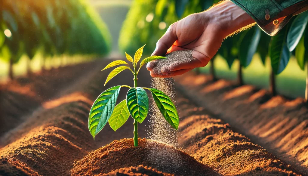 DALL·E 2025 01 07 18.02.39 A highly realistic image of a farmer's hand applying fertilizer to a young avocado plant in a field. The hand is seen carefully sprinkling granular fe