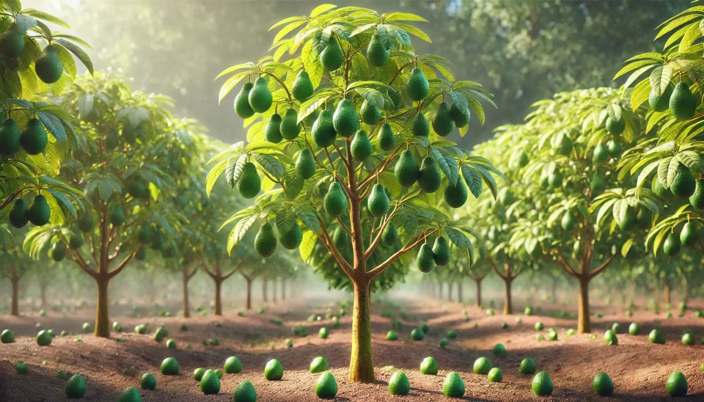 DALL·E 2025 01 07 18.03.45 A highly realistic image of a young avocado tree with fruits growing on its branches. The tree is vibrant and healthy, with lush green leaves and smal