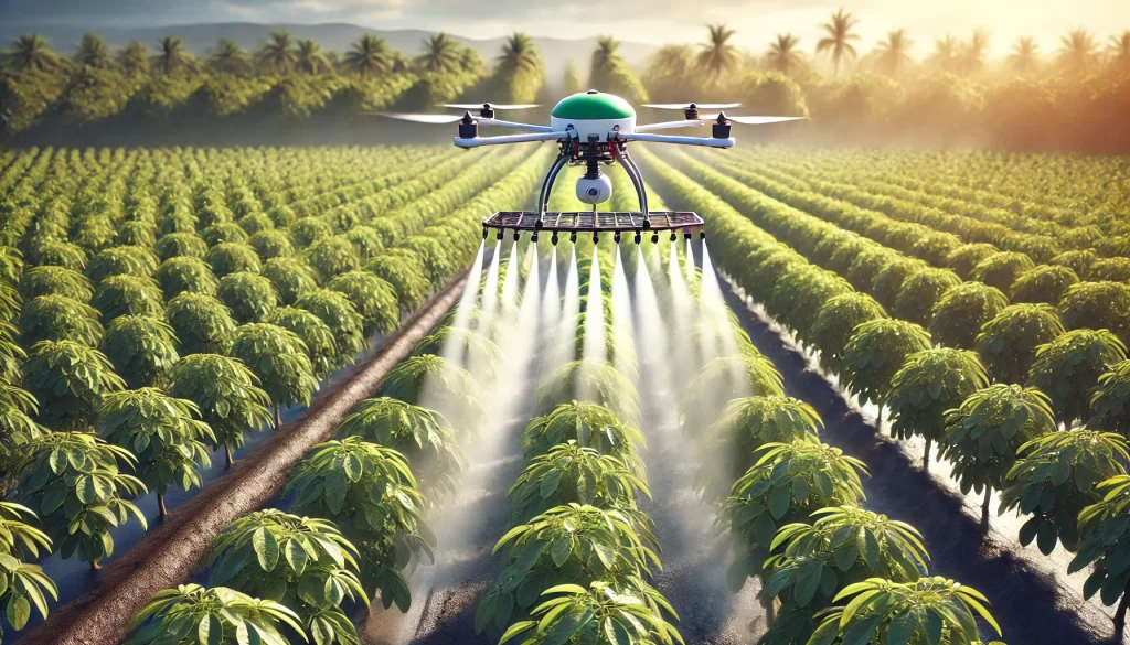 DALL·E 2025 01 07 18.05.43 A highly realistic image of a drone flying over an avocado orchard while applying fertilizer. The drone is equipped with a precision spraying system,