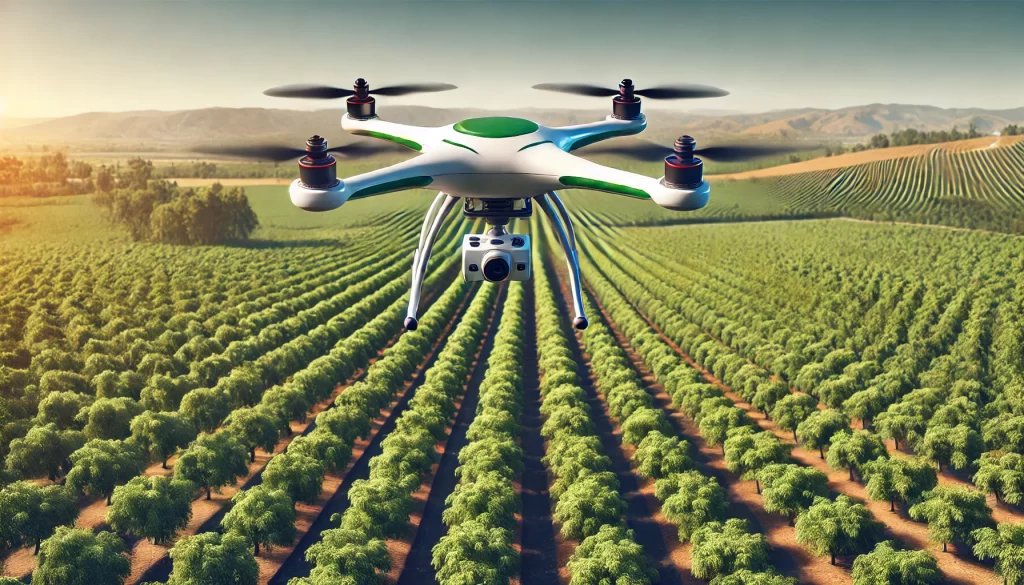 DALL·E 2025 01 07 18.07.16 A highly realistic image of a fixed wing drone designed for agricultural use flying over a large avocado orchard. The drone has a sleek aerodynamic de