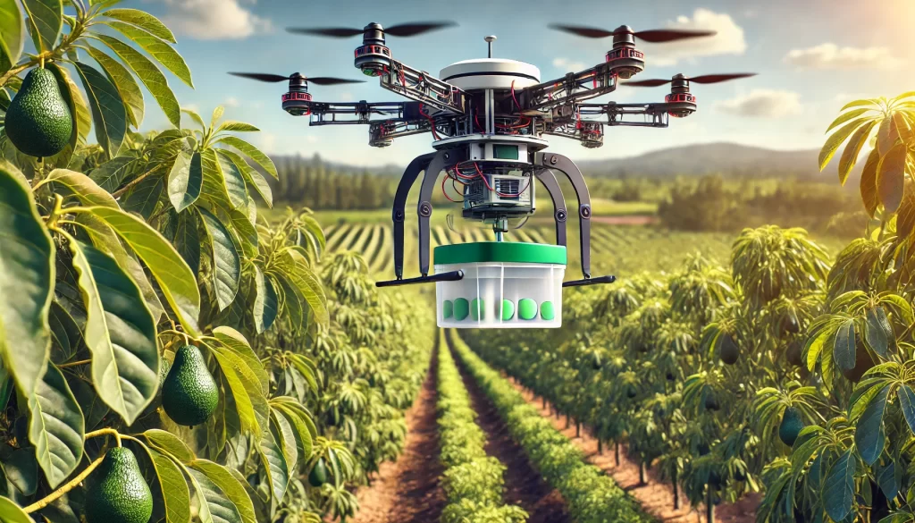 DALL·E 2025 01 07 18.07.56 A highly realistic image of a sample collecting drone hovering over an avocado orchard during daytime. The drone is equipped with a specialized roboti