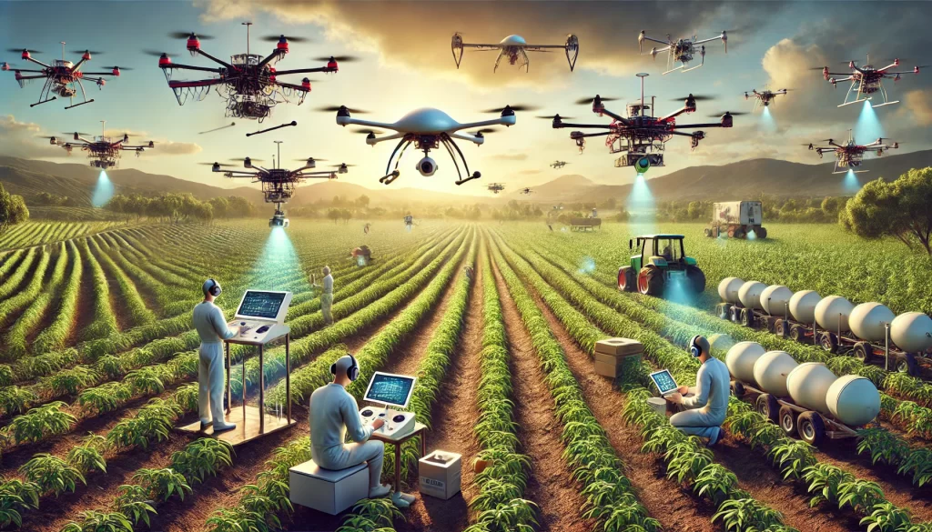 DALL·E 2025 01 07 18.09.28 A highly realistic image showing various types of drones working in an agricultural field during daytime. The scene includes multirotor drones hoverin