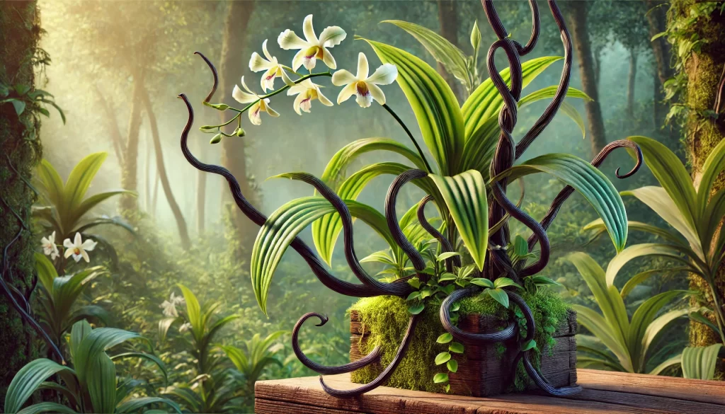 DALL·E 2025 01 07 18.11.41 A highly realistic image of a vanilla plant growing in a tropical setting. The plant is shown with its long, slender green vines climbing a wooden support