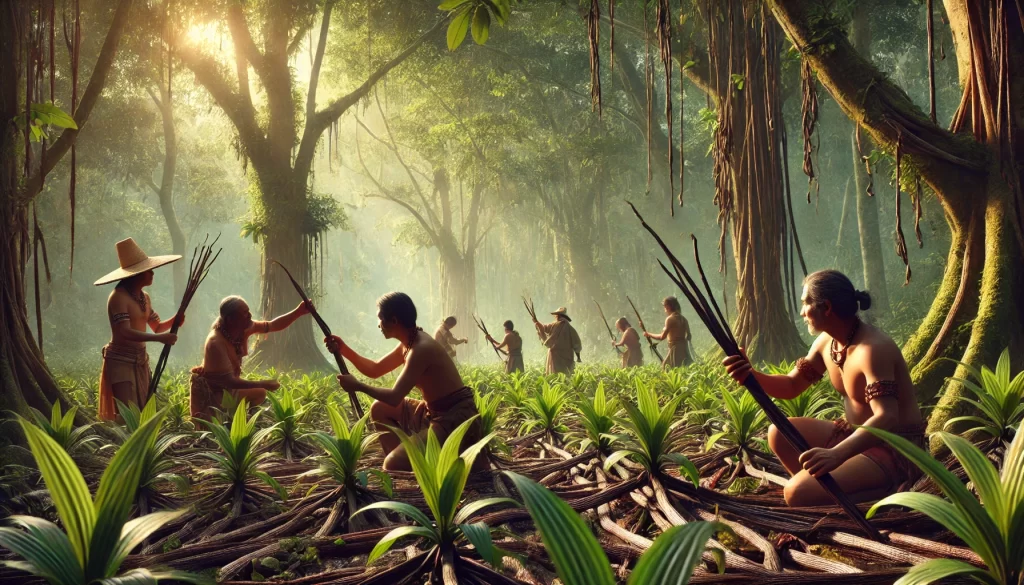 DALL·E 2025 01 07 18.12.39 A highly realistic image depicting the pre Hispanic origins of vanilla in ancient Mexico. The scene shows indigenous people from the Totonaca civiliza