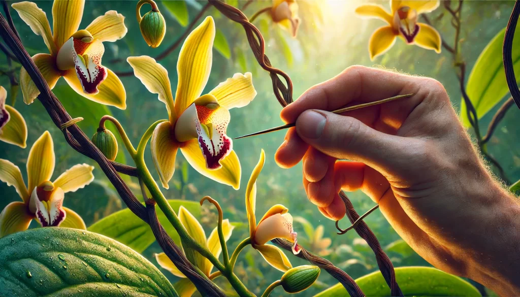 DALL·E 2025 01 07 18.13.33 A highly realistic image showing the manual pollination of vanilla flowers. A farmer's hand is delicately using a small tool, such as a toothpick, to