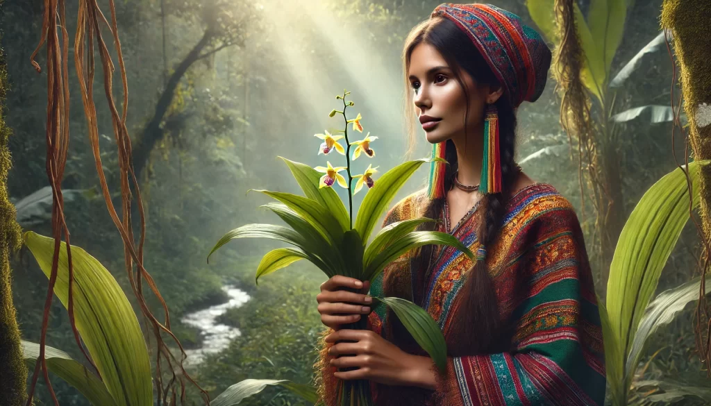 DALL·E 2025 01 07 18.14.46 A highly realistic image of an indigenous woman holding a vanilla plant in a tropical setting. She is wearing traditional clothing with intricate patt