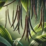 DALL·E 2025 01 07 18.15.40 A highly realistic image showing ripe vanilla pods hanging from a vanilla vine in a tropical setting. The pods are long, slender, and dark green, with