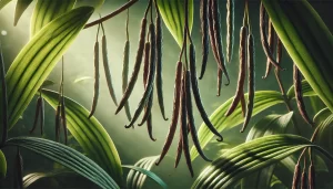 DALL·E 2025 01 07 18.15.40 A highly realistic image showing ripe vanilla pods hanging from a vanilla vine in a tropical setting. The pods are long, slender, and dark green, with