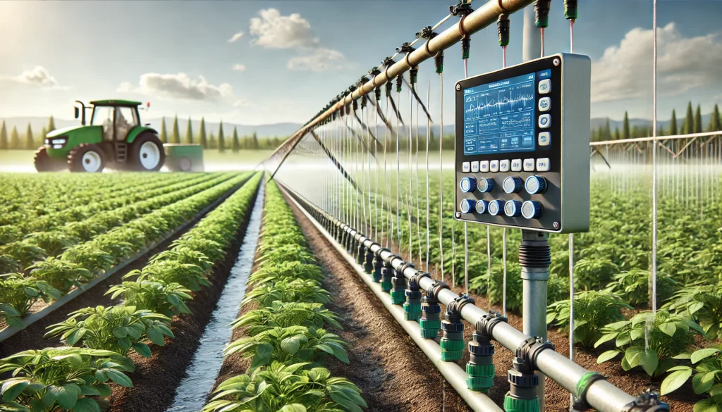 DALL·E 2025 01 08 09.47.00 A highly realistic image of an automatic irrigation system in a lush agricultural field. The system includes drip irrigation lines running along rows