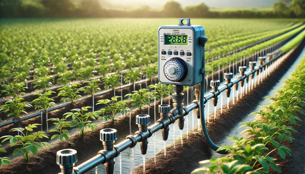 DALL·E 2025 01 08 09.47.51 A highly realistic image of a basic irrigation system with a timer installed in a small agricultural field. The timer is attached to a water source, c