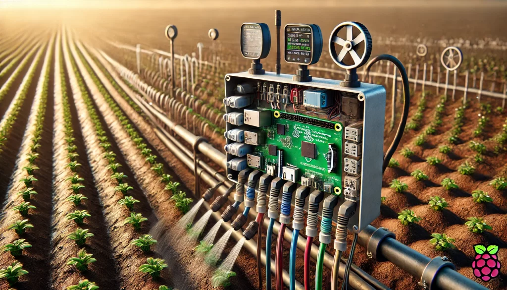 DALL·E 2025 01 08 09.48.23 A highly realistic image of an intelligent irrigation system controlled by a Raspberry Pi in an agricultural setting. The Raspberry Pi is housed in a