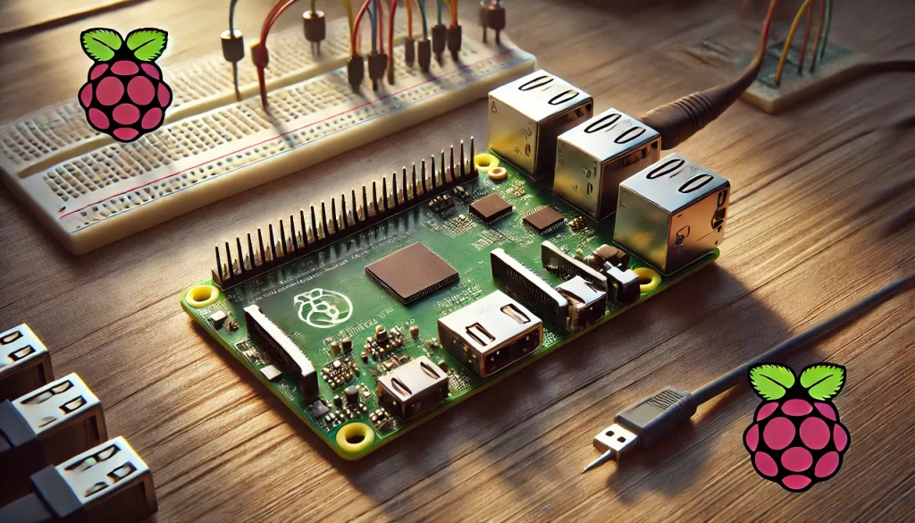 DALL·E 2025 01 08 09.49.04 A highly realistic image of a Raspberry Pi single board computer placed on a wooden desk. The Raspberry Pi is shown with all its components clearly vi