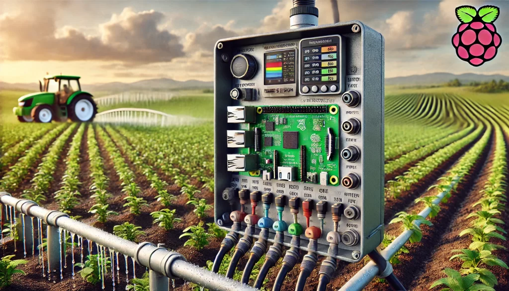 DALL·E 2025 01 08 09.49.57 A highly realistic image of an advanced intelligent irrigation system powered by a Raspberry Pi in an agricultural setting. The Raspberry Pi is mounte