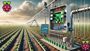 DALL·E 2025 01 08 09.51.03 A highly realistic image of a smart irrigation system controlled by a Raspberry Pi in an agricultural field. The Raspberry Pi is mounted in a protecti