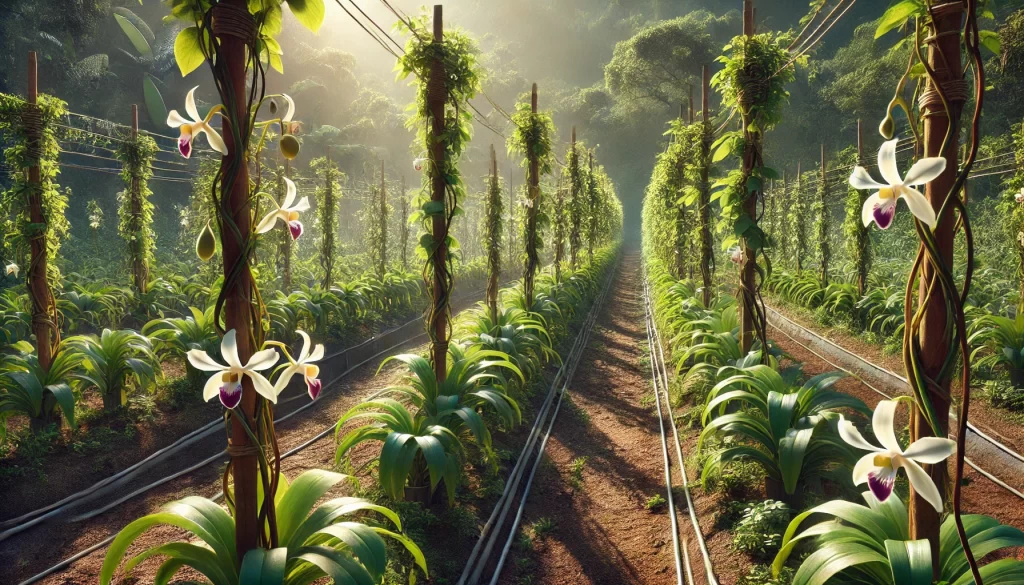 DALL·E 2025 01 08 09.52.50 A highly realistic image of a vanilla plantation in a tropical agricultural setting. Rows of vanilla plants with long, green vines are carefully arranged