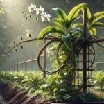 DALL·E 2025 01 08 09.53.30 A highly realistic image of a vanilla plant growing in a tropical agricultural setting. The plant has long, slender green vines climbing a wooden supp