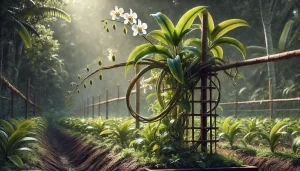 DALL·E 2025 01 08 09.53.30 A highly realistic image of a vanilla plant growing in a tropical agricultural setting. The plant has long, slender green vines climbing a wooden supp