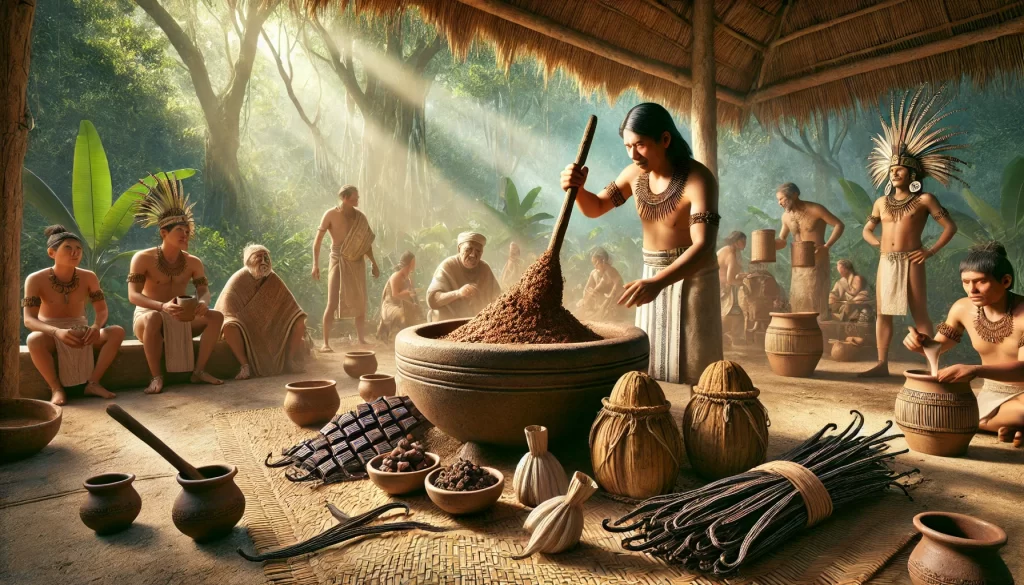 DALL·E 2025 01 08 09.54.20 A highly realistic image depicting an ancient Aztec ceremonial scene where vanilla and cacao are combined to create a traditional beverage. The setting