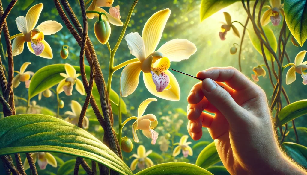 DALL·E 2025 01 08 09.55.04 A highly realistic image showing the pollination process of a vanilla orchid flower. A farmer's hand is carefully using a small tool, like a toothpick