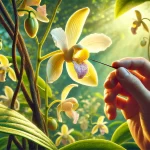 DALL·E 2025 01 08 09.55.04 A highly realistic image showing the pollination process of a vanilla orchid flower. A farmer's hand is carefully using a small tool, like a toothpick