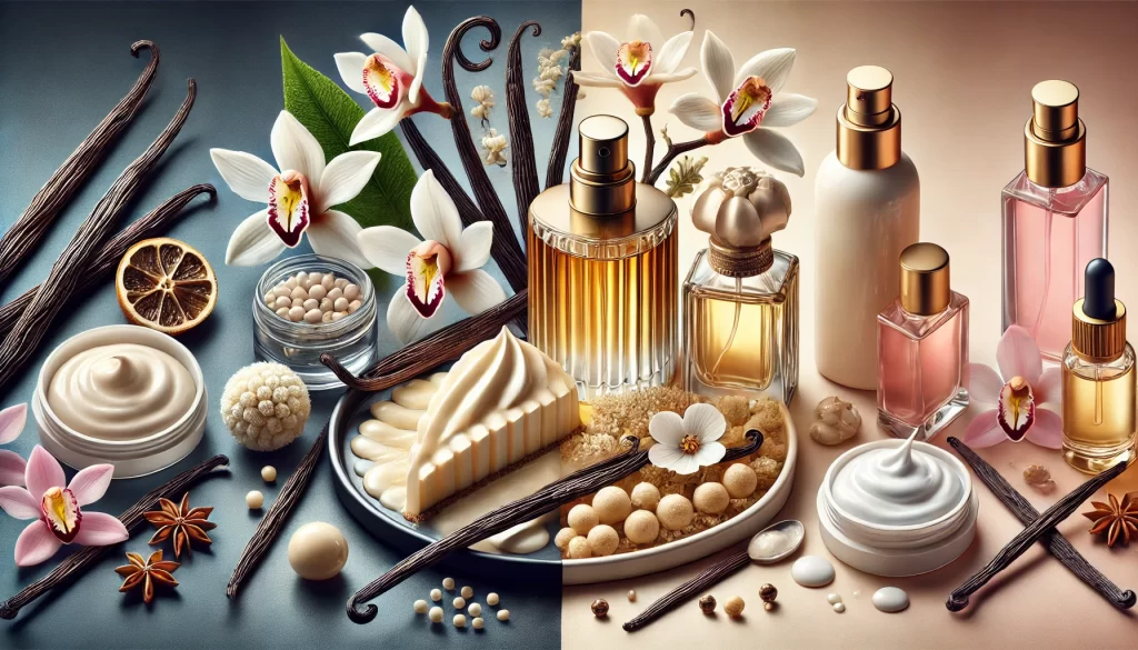 DALL·E 2025 01 08 09.56.24 A highly realistic image showcasing the versatile uses of vanilla in gastronomy, perfumery, and cosmetics. On the left, a gourmet dessert with vanilla