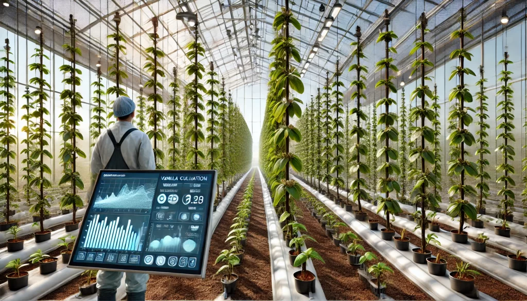 DALL·E 2025 01 08 10.03.35 A highly realistic image depicting modern vanilla cultivation in a technologically advanced greenhouse. Rows of vanilla plants are neatly arranged on