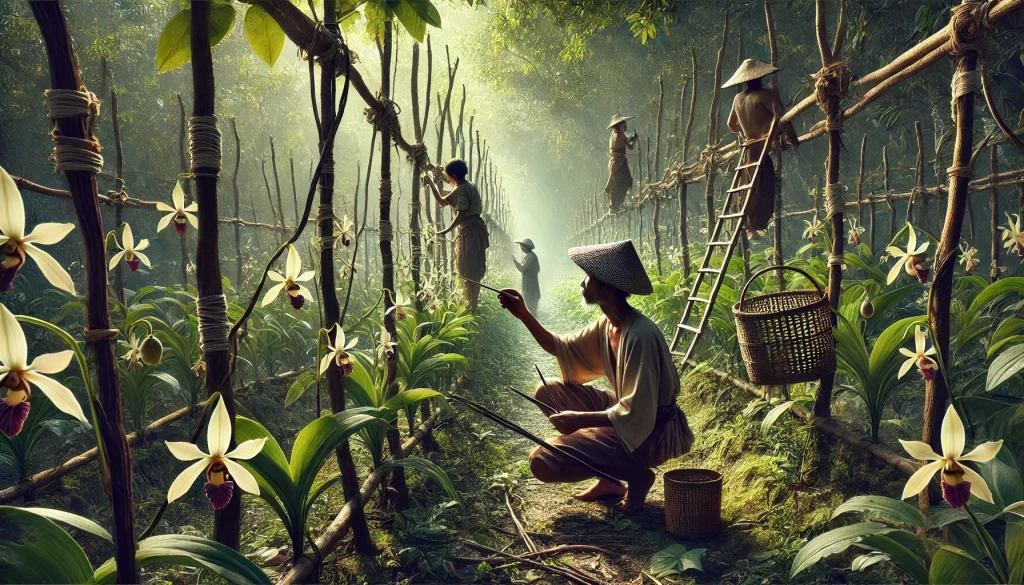 DALL·E 2025 01 08 10.04.30 A highly realistic image depicting traditional vanilla cultivation in a tropical setting. Indigenous farmers, dressed in traditional clothing, are seen