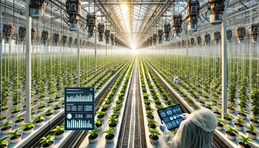 DALL·E 2025 01 08 10.05.47 A highly realistic image depicting large scale modern vanilla production in a technologically advanced greenhouse. Rows of vanilla plants are grown vertically