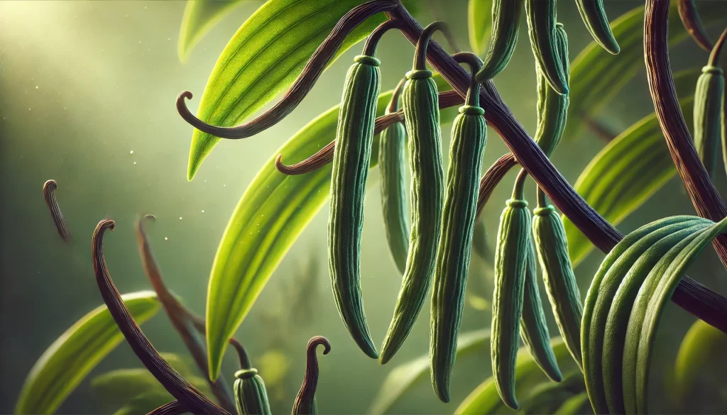 DALL·E 2025 01 08 10.07.15 A highly realistic close up image of vanilla pods growing on a vanilla plant. The green, elongated pods hang gracefully from the vine, surrounded by vines and leaves