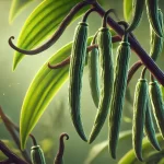 DALL·E 2025 01 08 10.07.15 A highly realistic close up image of vanilla pods growing on a vanilla plant. The green, elongated pods hang gracefully from the vine, surrounded by v