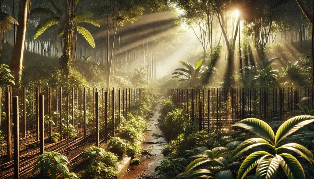 DALL·E 2025 01 08 10.47.38 A highly realistic image depicting the ideal climate for vanilla cultivation. The scene shows a lush tropical environment with warm, humid conditions