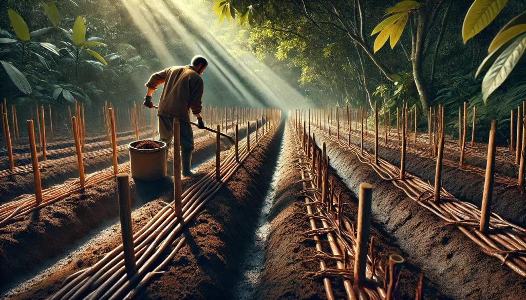 DALL·E 2025 01 08 10.48.41 A highly realistic image showing the preparation of soil for vanilla cultivation in a tropical setting. The scene displays rich, well-drained soil being worked