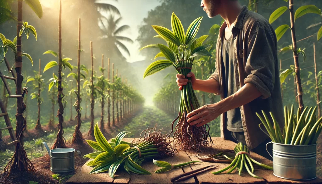 DALL·E 2025 01 08 10.49.32 A highly realistic image showing vanilla cuttings (esquejes) prepared for planting in a tropical agricultural setting. The cuttings are long, green, and