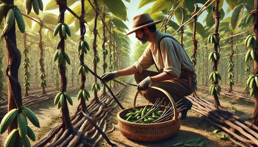 DALL·E 2025 01 08 10.50.46 A highly realistic image depicting the harvest of vanilla pods in a tropical plantation. A farmer, wearing practical clothing and gloves, is carefully